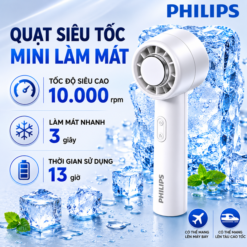 Quạt mini cầm tay USB 5 cấp độ gió, pin 3.000mAh thương hiệu Hà Lan cao cấp Philips ACR2124PPF ACR2124MPF serial 2000 - Hàng chính hãng