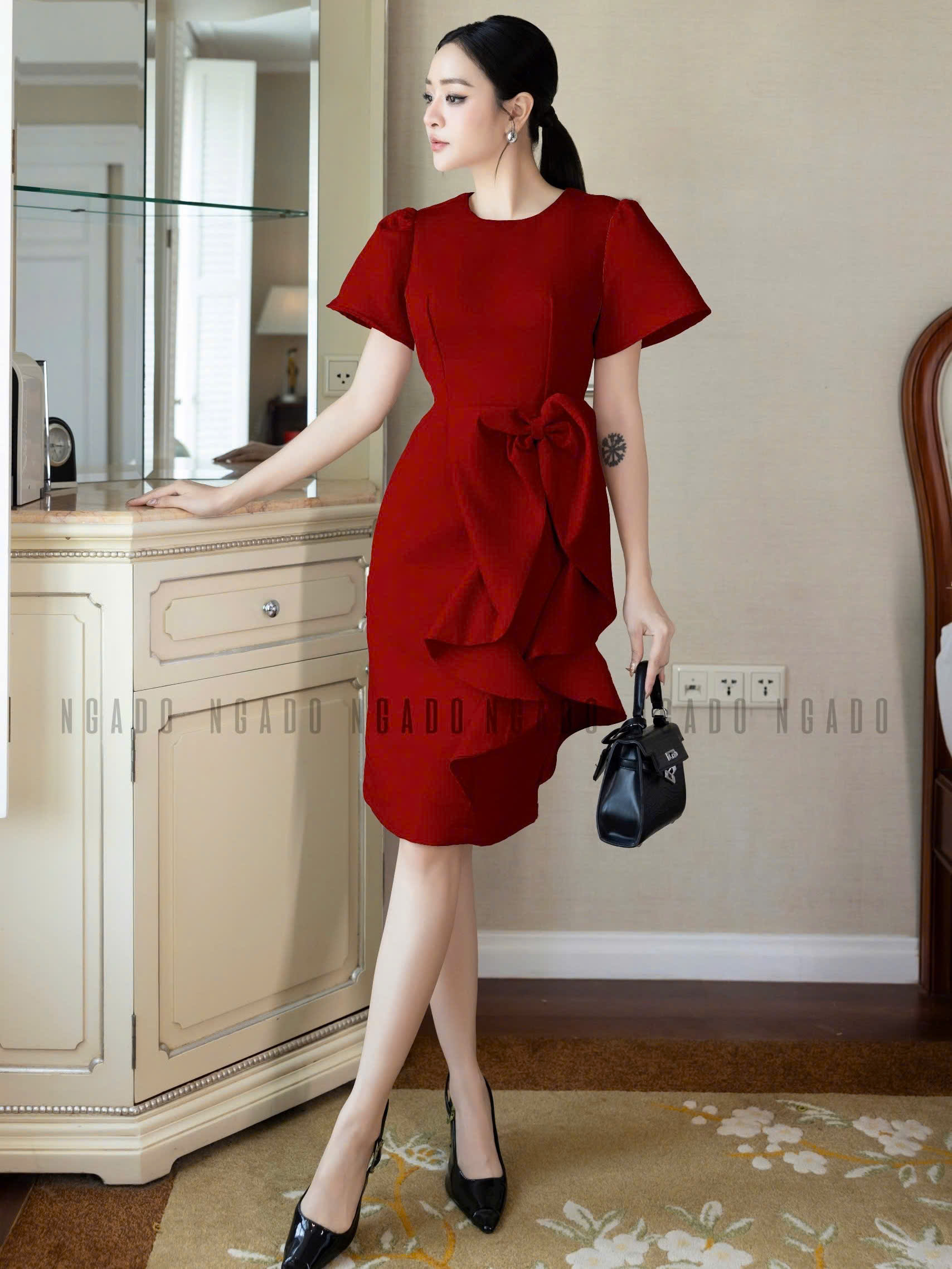 Đầm đỏ tay loe NGADO , đầm kiểu Nữ , đầm dự tiệc , công sở
