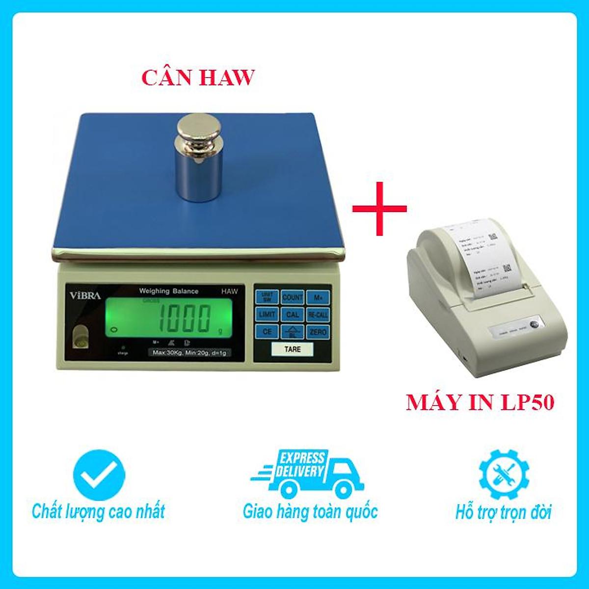 Bộ sản phẩm in phiếu khối lượng cân gồm Cân điện tử thông dụng Vibra HAW, Mức cân 6kg, độ chia 0.2g và máy in LP50