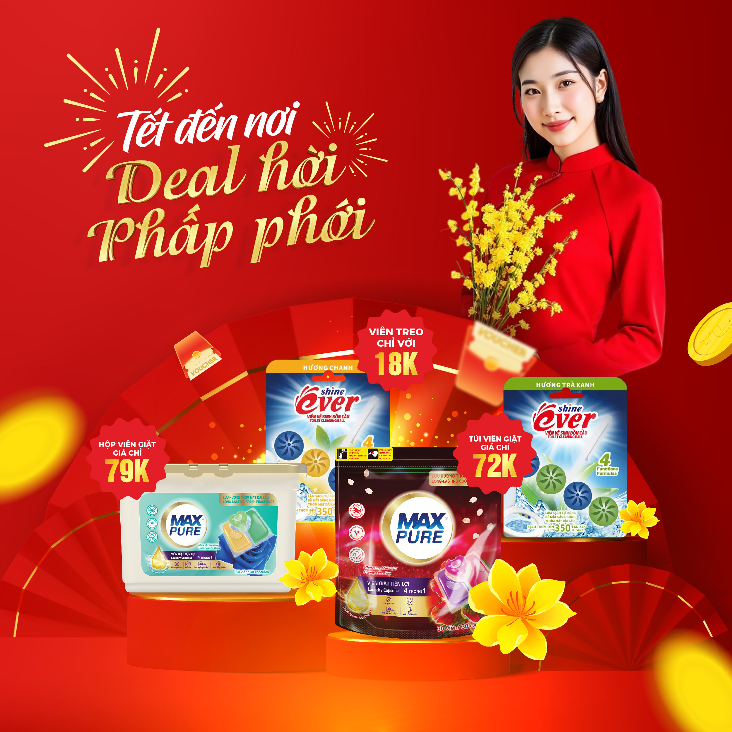 Combo (Túi|Hộp) Viên Giặt Tiện Lợi Max Pure 4in1 - Công Nghệ Carezyme (tặng 1 vỉ viên treo bồn cầu)