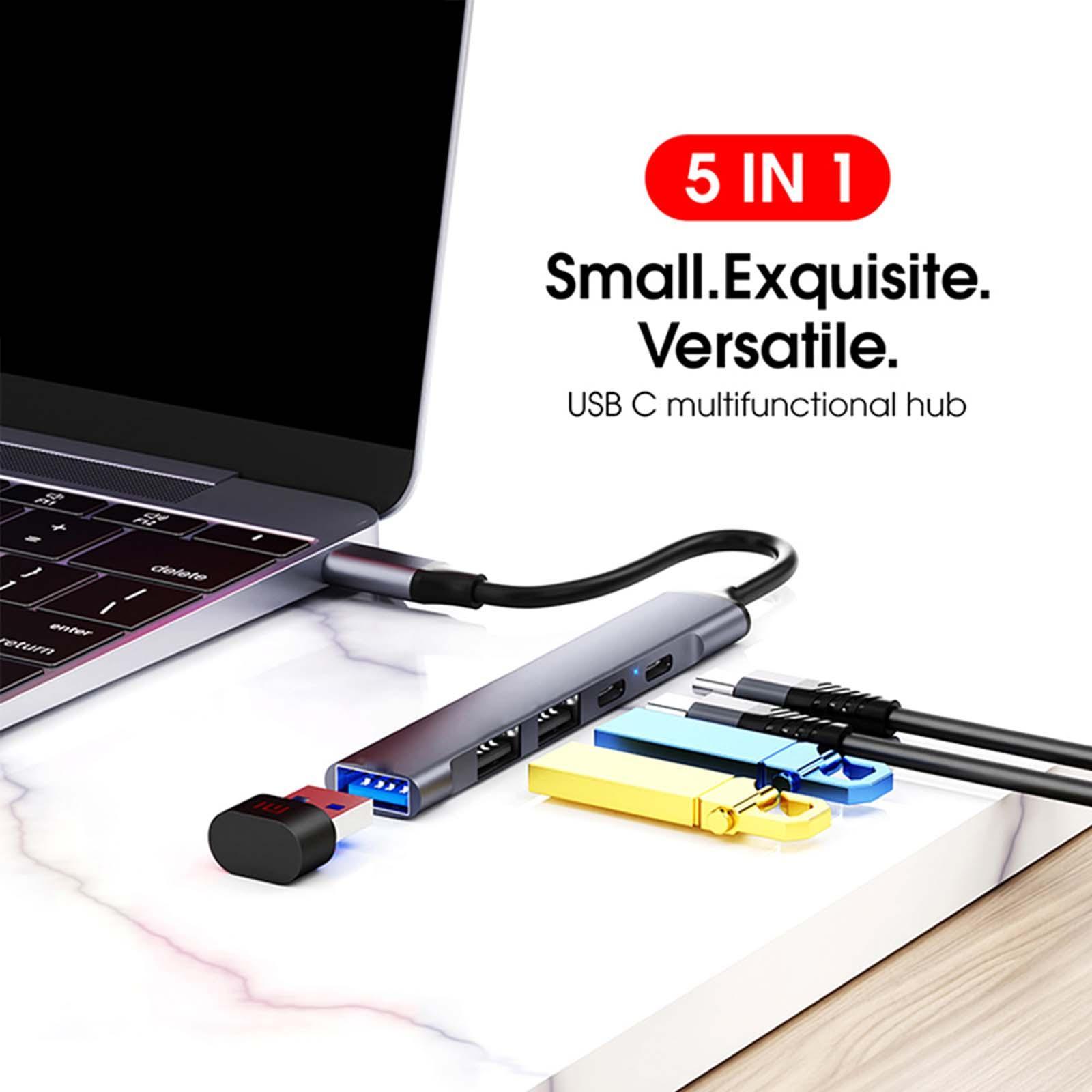 5 in 1 USB Type Hub, 1 USB 3.0 5Gbps Data Transfer PD Fast Charging 2 USB2.0 Ports Compact Splitter Docking Station, for Type C Devices.