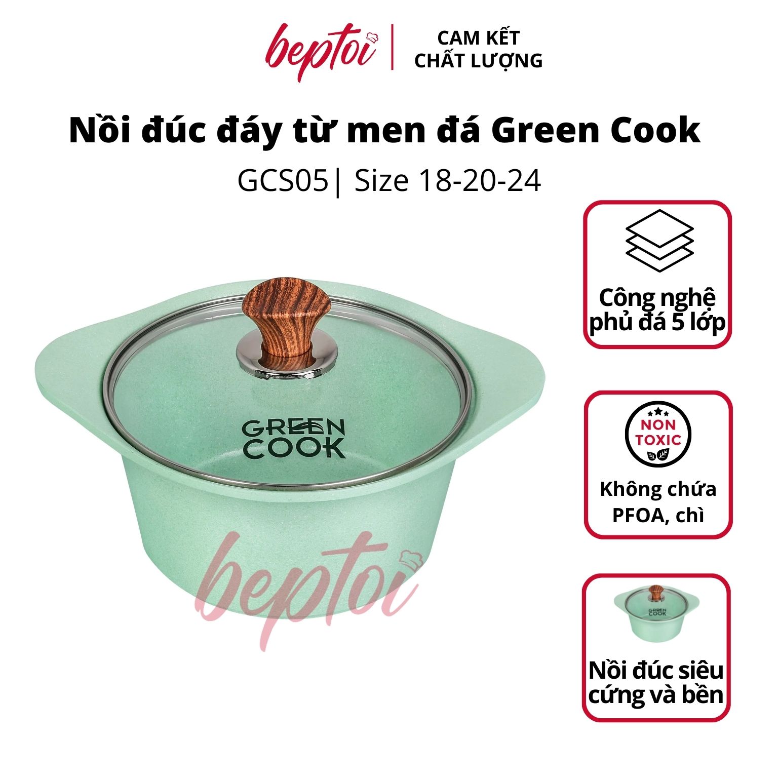 Nồi (quánh) đúc đáy từ Green Cook, nồi chống dính bếp từ men đá xanh ngọc Green Cook GCS05-IH công nghệ Hàn Quốc