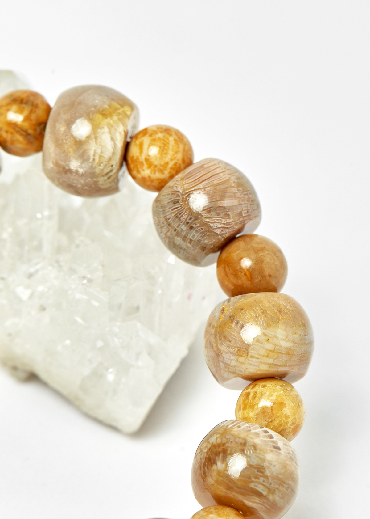 Vòng Chuỗi Mân Côi San Hô Hóa Thạch hạt đá 12mm, ni 50 - Ngọc Qúy Gemstones