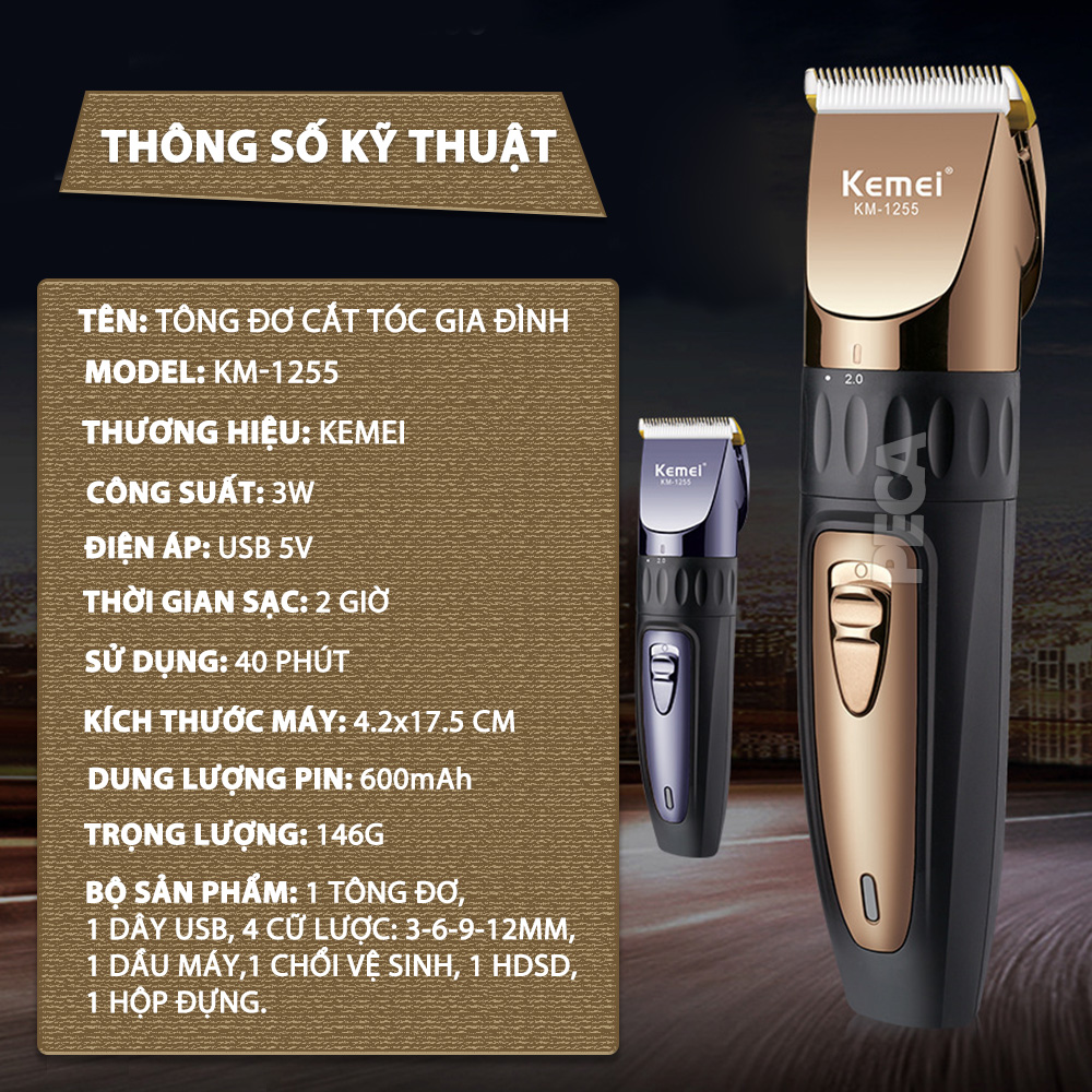 Tông đơ cắt tóc không dây Kemei KM-1255 dùng cho cá nhân và gia đình - Hàng chính hãng