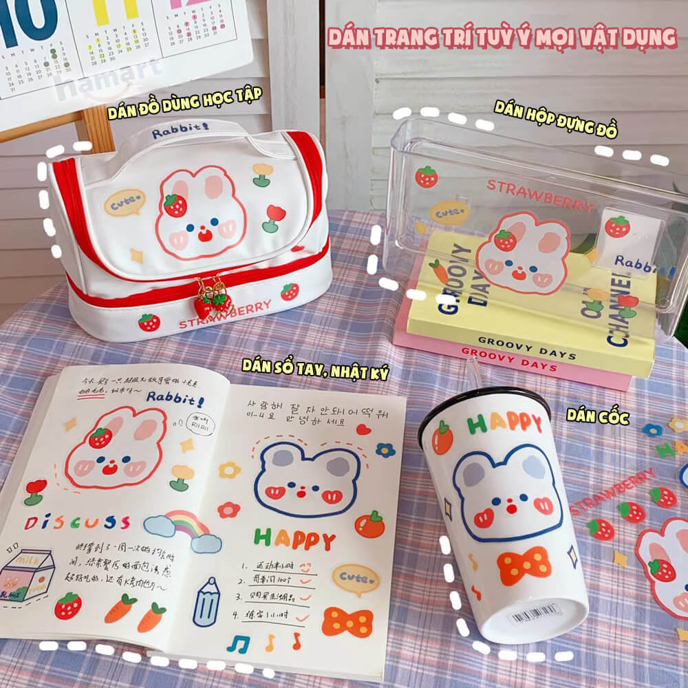 SET 6 Tờ 90 Nhãn Dán Sticker Thỏ Gấu PET Trong Suốt Cute Không Thấm Nước Trang Trí Dễ Thương
