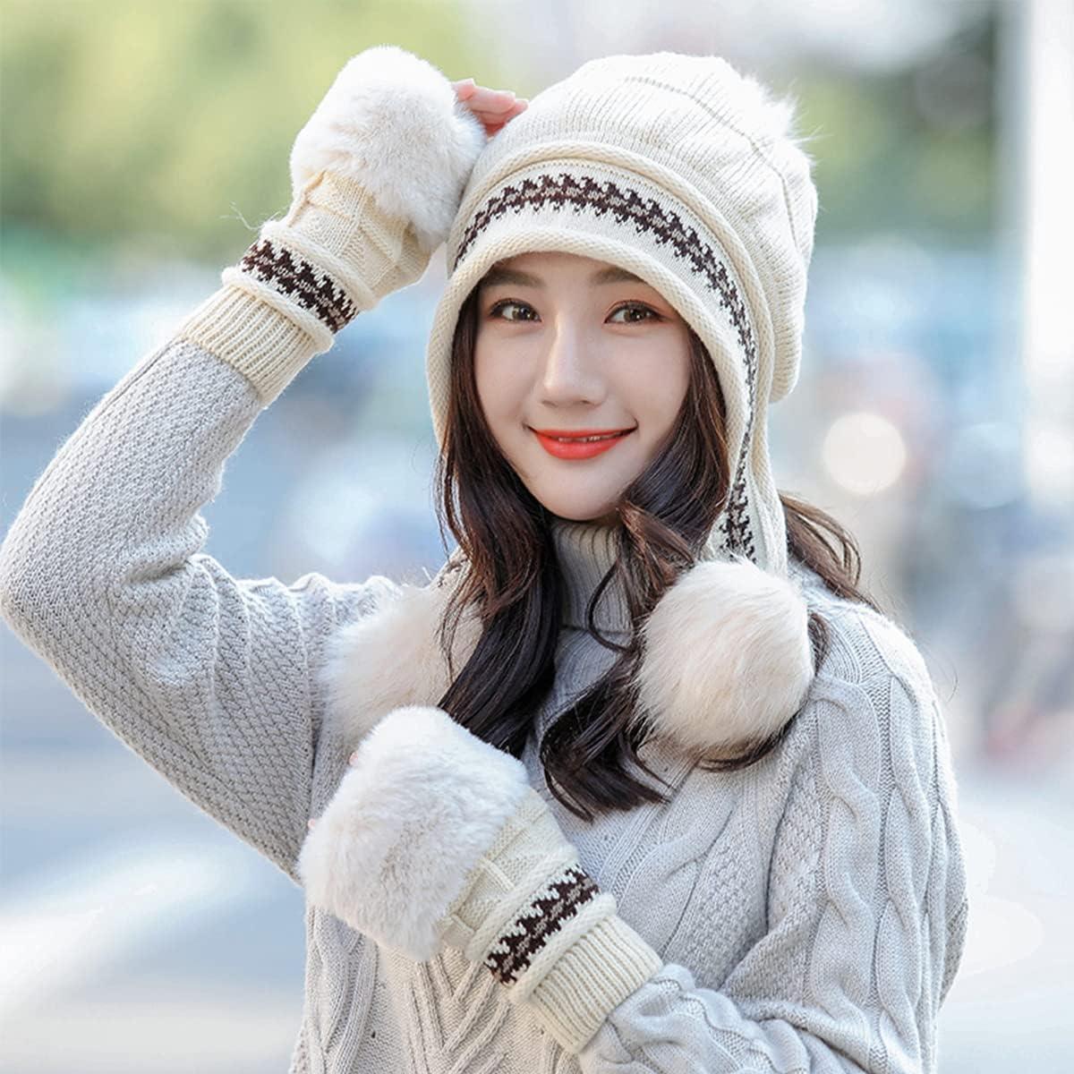 Mũ mũ mùa đông mũ phụ nữ mũ ba bên trong mũ ấm áp 3 trong 1 phụ nữ mũ MAT mùa đông Bonnet với pompom