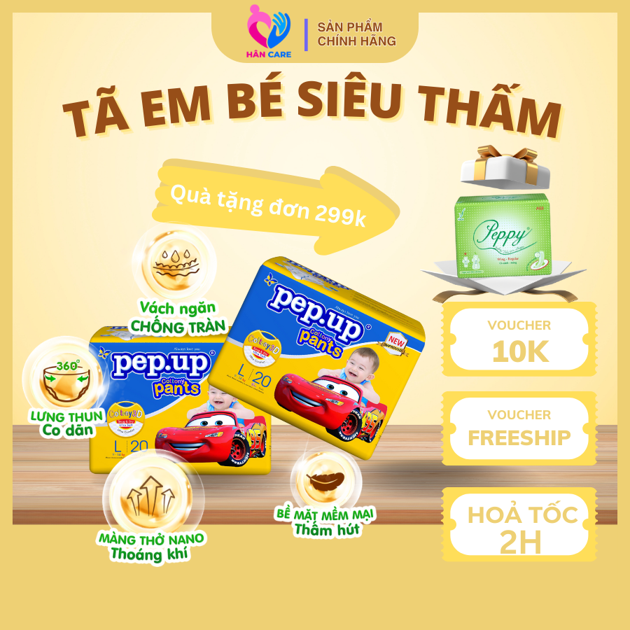 Tã/Bỉm Quần Em Bé Pep.up Cottony 3D Gói Trung Siêu Mềm Mại, Siêu Khô Thoáng, Kháng Khuẩn Size S/M/L/XL