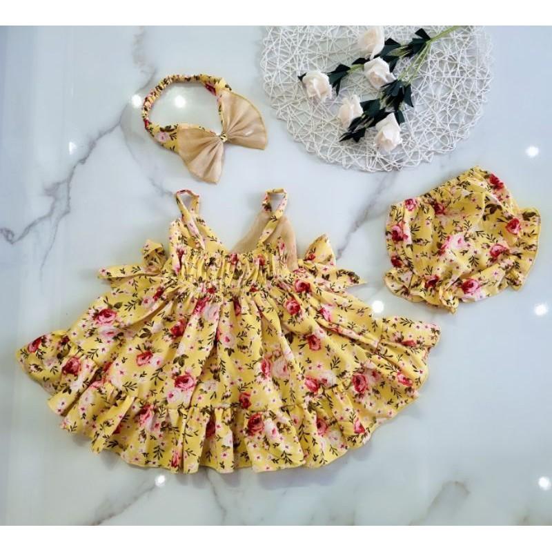 Set 2 dăy vàng thiết kế bèo tầng kèm nơ cho mùa hè rực rỡ