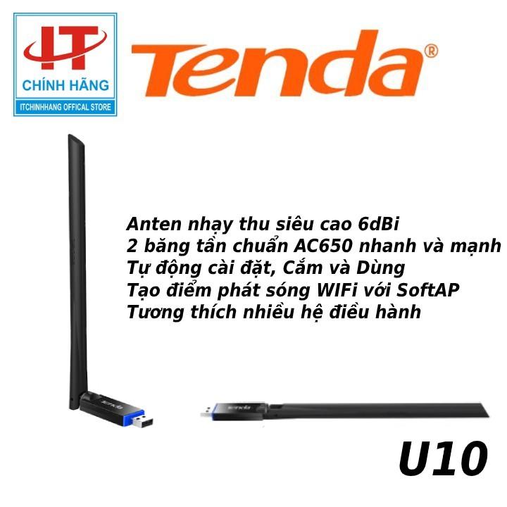 USB kết nối Wifi Tenda U10 chuẩn AC tốc độ 650Mbps - Hàng Chính Hãng Microsun Phân Phối