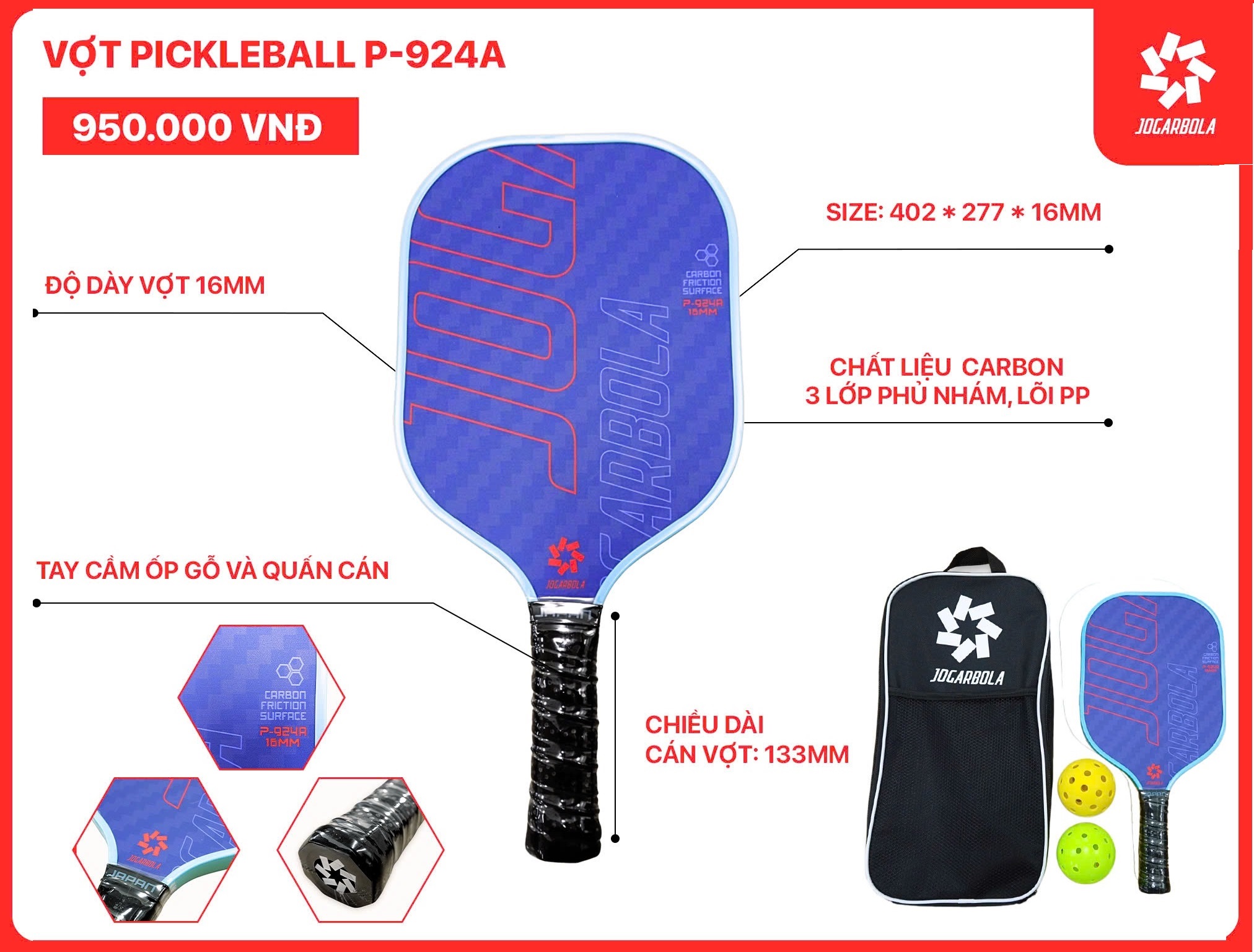 Vợt Pickleball Jogarbola P924A mẫu mới 16mm, mặt vợt Carbon, 3 lớp phủ nhám, lõi PP siêu bền