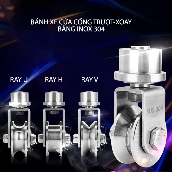 Bộ bánh xe cho cửa cổng trượt-lùa kiêm xoay 360 độ, làm bằng inox 304, Kích thước 16x48mm (có gờ chặn)