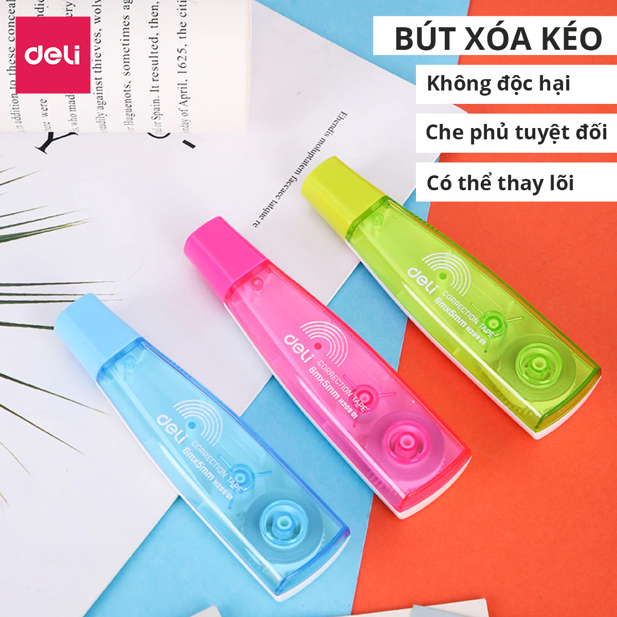 Băng xóa bút xóa kéo 6m Deli - Hồng/ Xanh Dương/ Xanh lá - EH20901