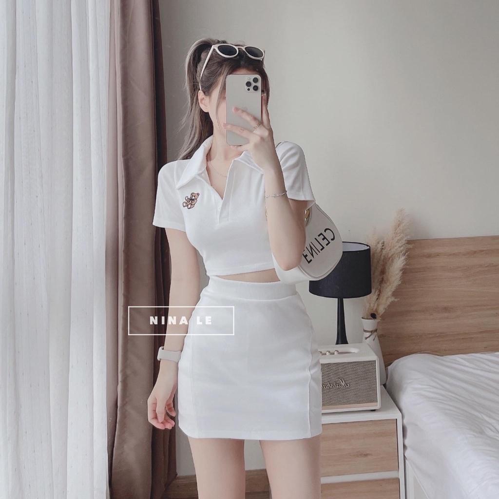 Set bộ đồ nữ thun body áo croptop thêu gấu xinh xắn mix với chân váy siêu xinh tôn da, tôn dáng cho các tình yêu