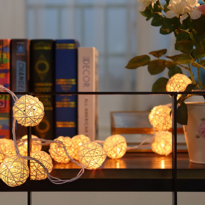 Dây đèn led quả cầu mây 10 bóng, Dây đèn led 10 bóng hình quả cầu mây trang trí sinh động đẹp mắt - Đèn màu vàng