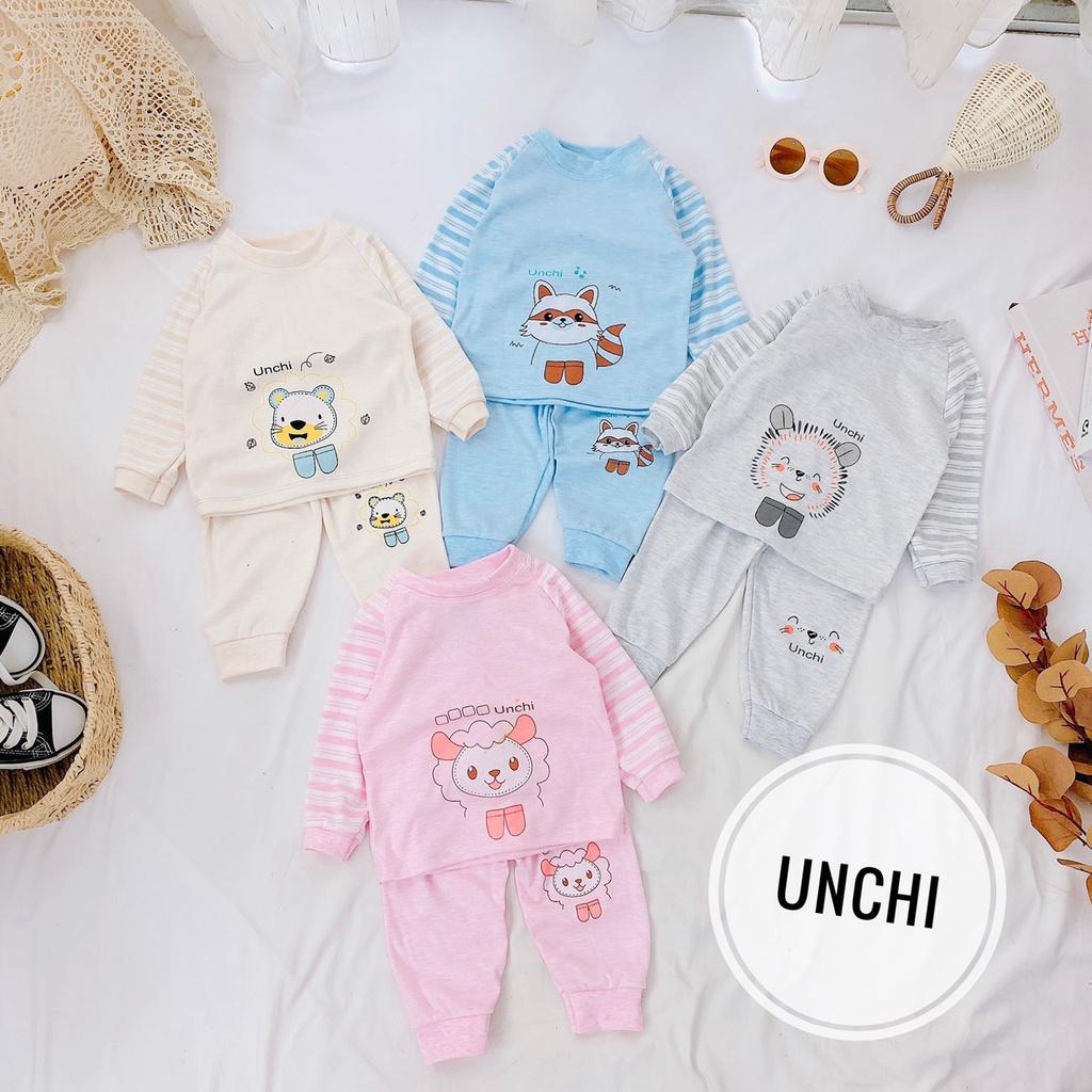 SET 2 Bộ Cotton Nỉ Dài Tay Kẻ Unchi In Hình Siêu Cưng Cho Bé - H2 - Xám-Hồng