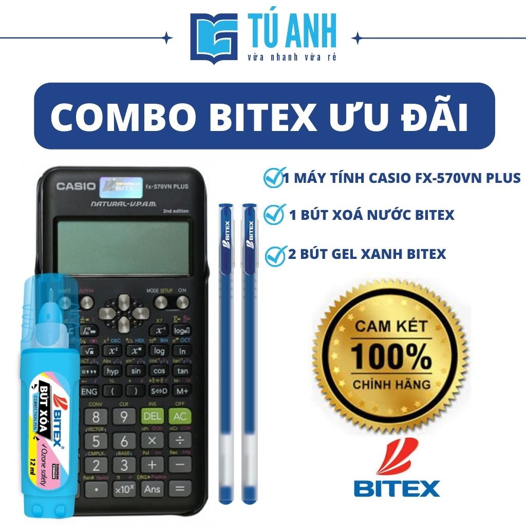 [ Combi Bitex Ưu Đãi ] - Máy Tính Khoa Học Casio FX-570VN PLUS [1] + Bút Xoá Nước Bitex [1] + Bút Gel Xanh Bitex [2]