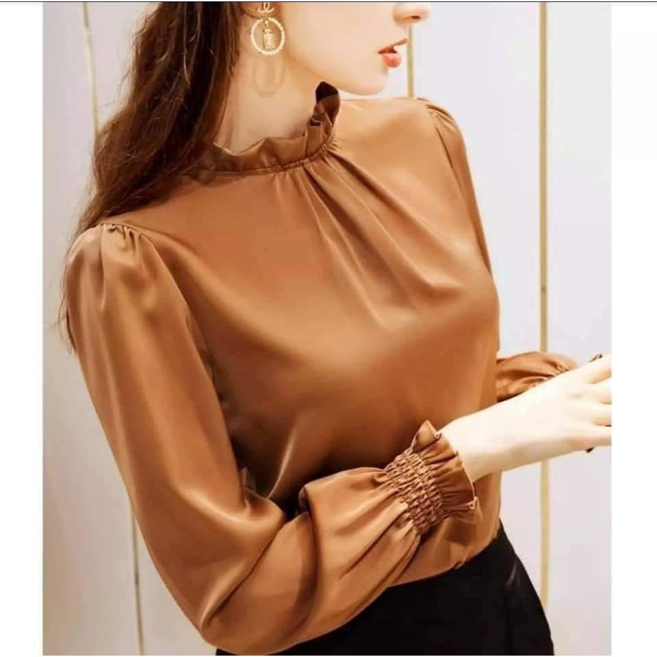 Áo Sơ Mi Nữ công sở thời trang SURI lụa satin màu cam nhún cổ,nhún tay mềm mịn mát không nhăn.