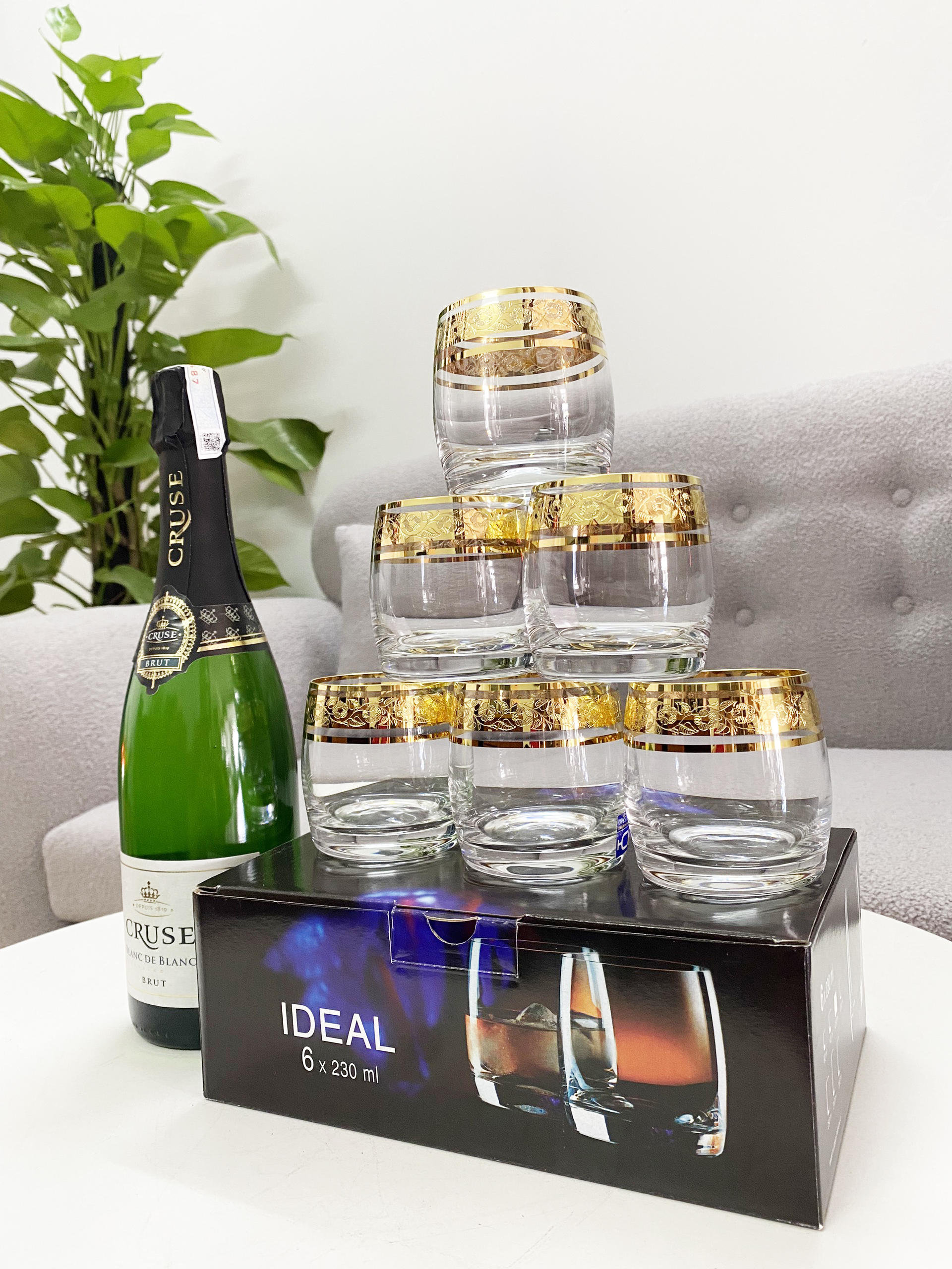 Bộ 6 ly uống whisky mạ vàng họa tiết hoa mai IDeal 230ml