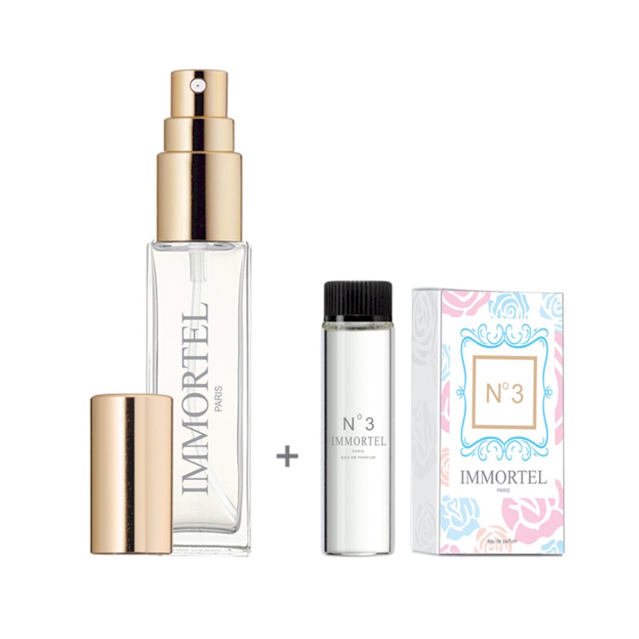 Nước Hoa Nam IMMORTEL PARIS No3 Eau De Perfume (Gồm chai xịt 8ml + Chai nạp 12ml) - Hương thơm ấm áp và lôi cuốn của gỗ đàn hương cùng với vẻ tinh khiết, bí ẩn của da thuộc- Kiểu dáng nhỏ gọn