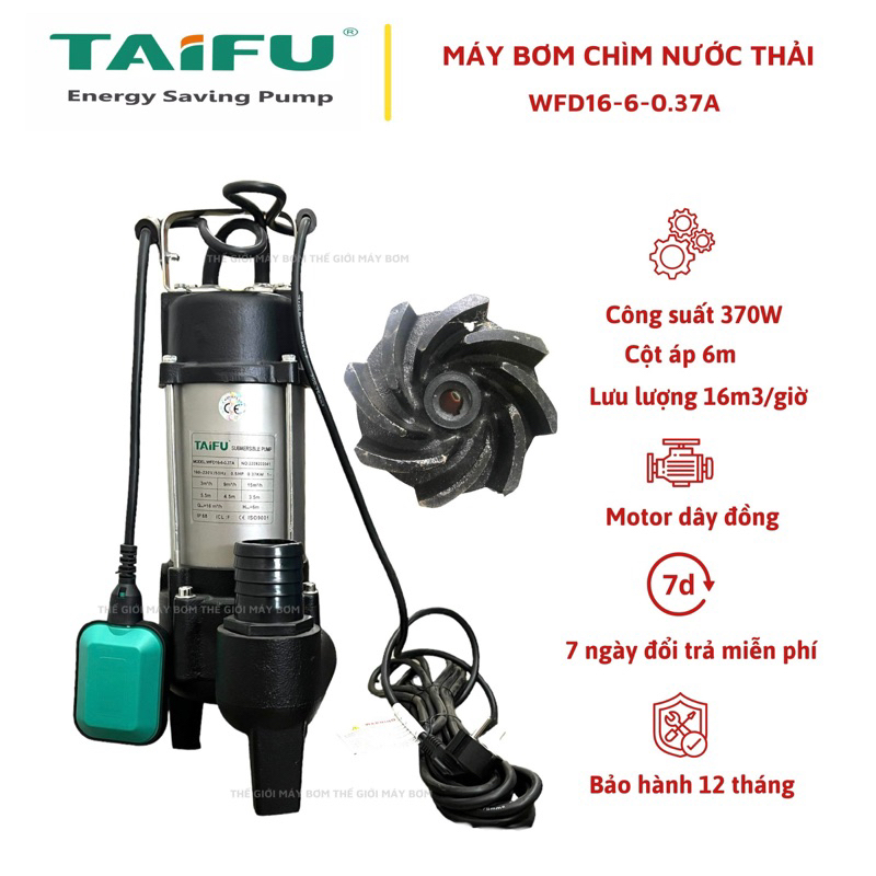 Máy bơm chìm nước thải 370W (0.5HP) Thân INOX 304 TAIFU WFD16-6-0.37A - Bảo hành 1 năm