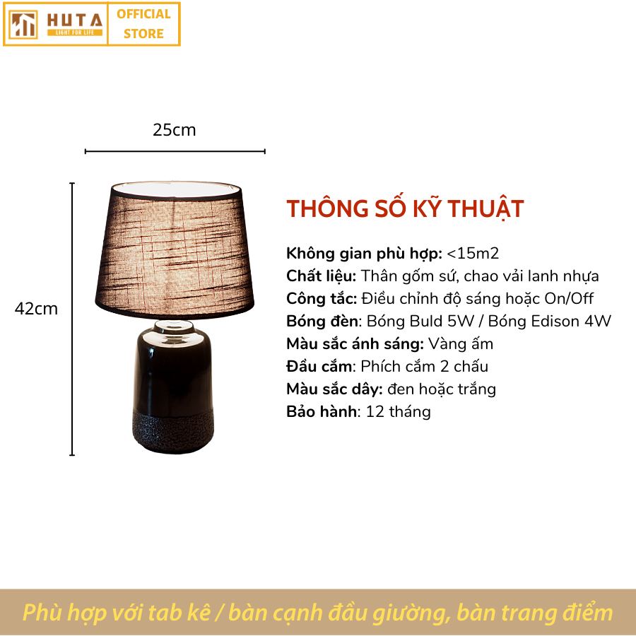 Đèn Ngủ Để Bàn Gốm Sứ Cao Cấp HUTA S17 Độc Đáo, Sang Trọng, Decor Phòng Ngủ Khách Sạn, Tăng Giảm Độ Sáng, Ánh Sáng Vàng