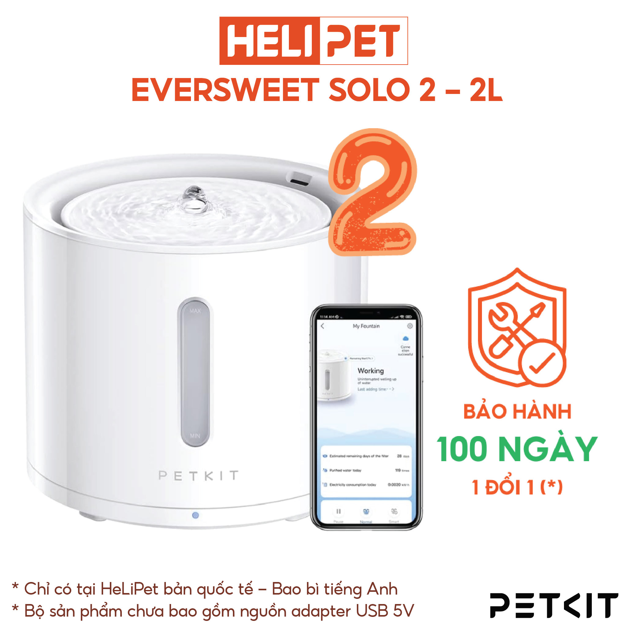 [Có App] Máy Lọc Nước Cho Mèo Bơm Không Dây PETKIT Solo 2 - HeLiPet