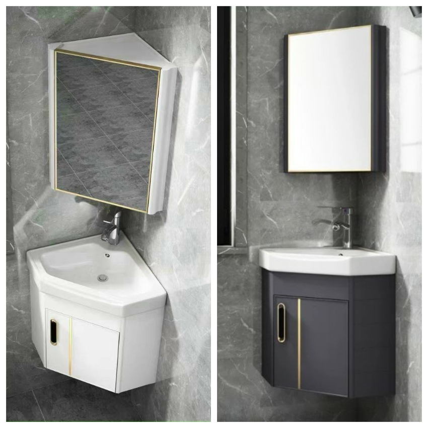 Bộ tủ chậu lavabo phòng tắm bằng nhôm màu xám hoặc trắng treo ở góc tường sử dụng tối ưu không gian