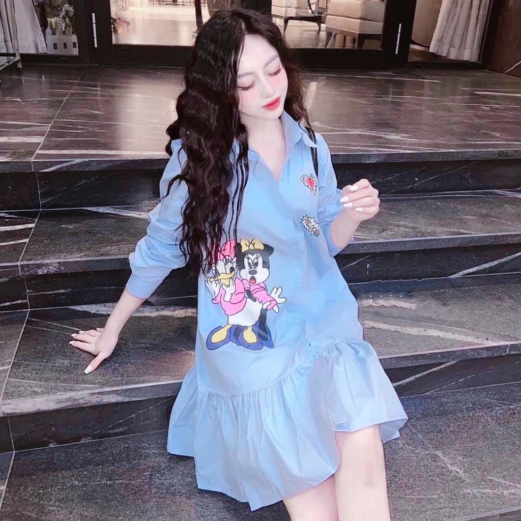 Đầm Váy Mickey Đonald Các Màu Sơ Mi Lụa Thái Xếp Ly Đầm Nữ Hàn Quốc Phong Cách Trẻ Trung