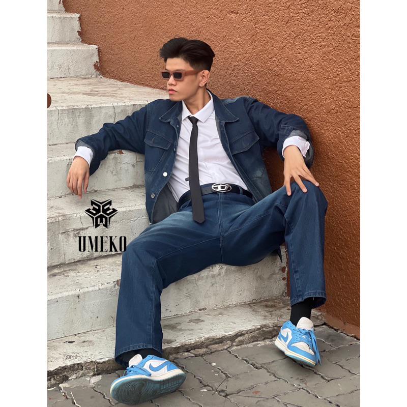 UMEKO Set Denim On Denim Gồm Áo Khoác Jacket Jean Tay Dài Và Quần Jean Form Suông Ống Rộng Thời Trang Y2K Retro Basic