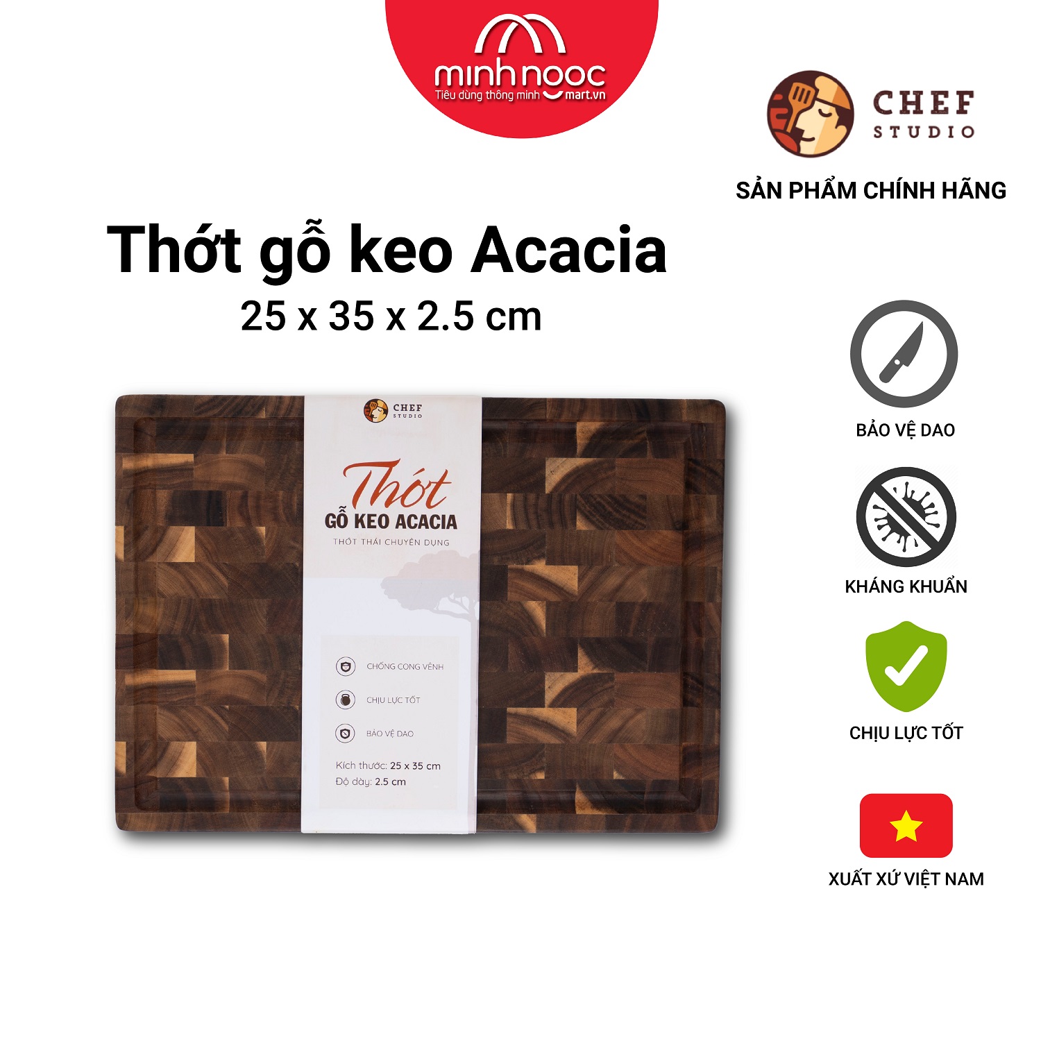 Thớt gỗ keo Chef Studio chữ nhật size 25 x 35 x 2.5cm, Dùng bằm, thái, trưng bày thực phẩm