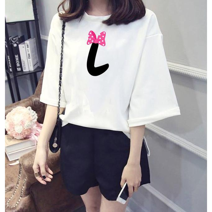 Áo thun nữ tay lỡ form rộng chữ L đeo nơ vải dày mịn TEEWOC12