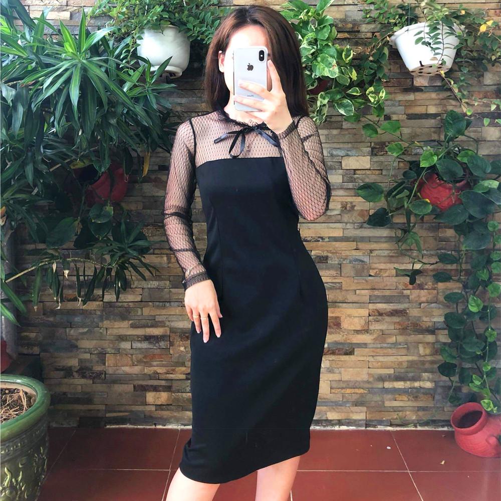 Đầm Ôm Phối Tay Lưới Bi Nơ Cổ