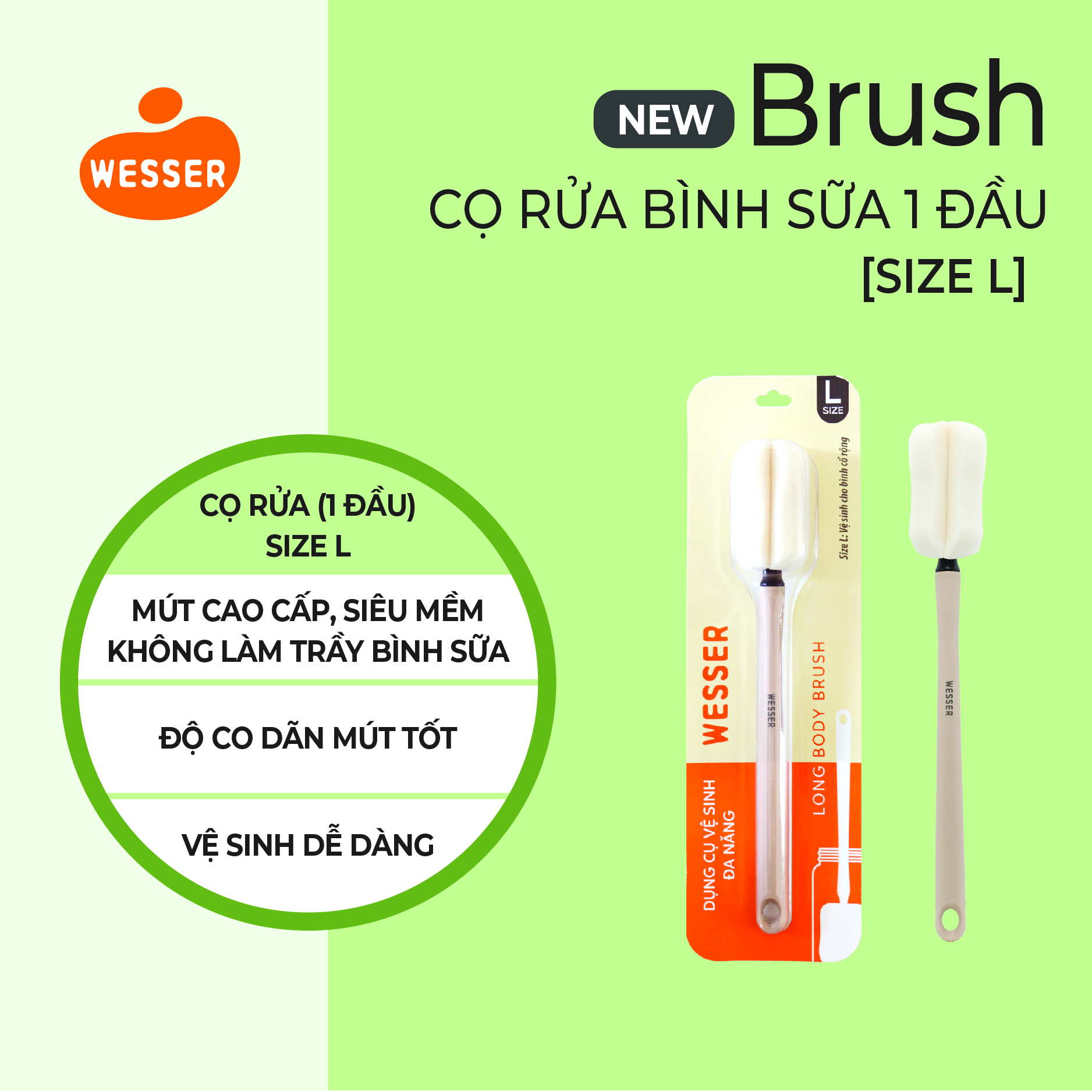 (Mới) Dụng cụ vệ sinh bình sữa Wesser 1 đầu (Size M/L)
