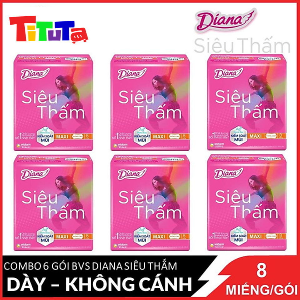 Combo 6 Băng vệ sinh Diana Siêu thấm Maxi (dày) không cánh 8 miếng/gói