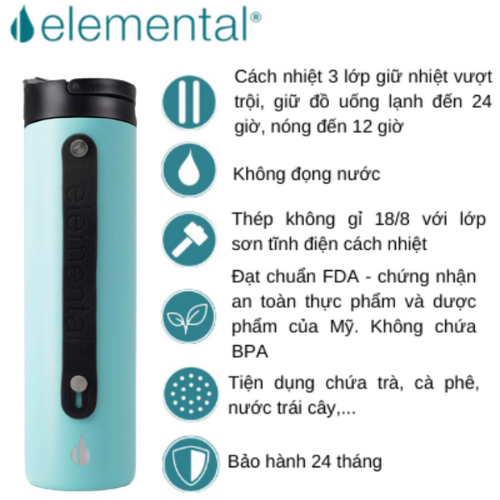 Bình giữ nhiệt Elemental Iconic sport màu xanh lam 590ml, giữ nhiệt vượt trội, inox 304, FDA Hoa Kì, An toàn sức khỏe, có ống hút