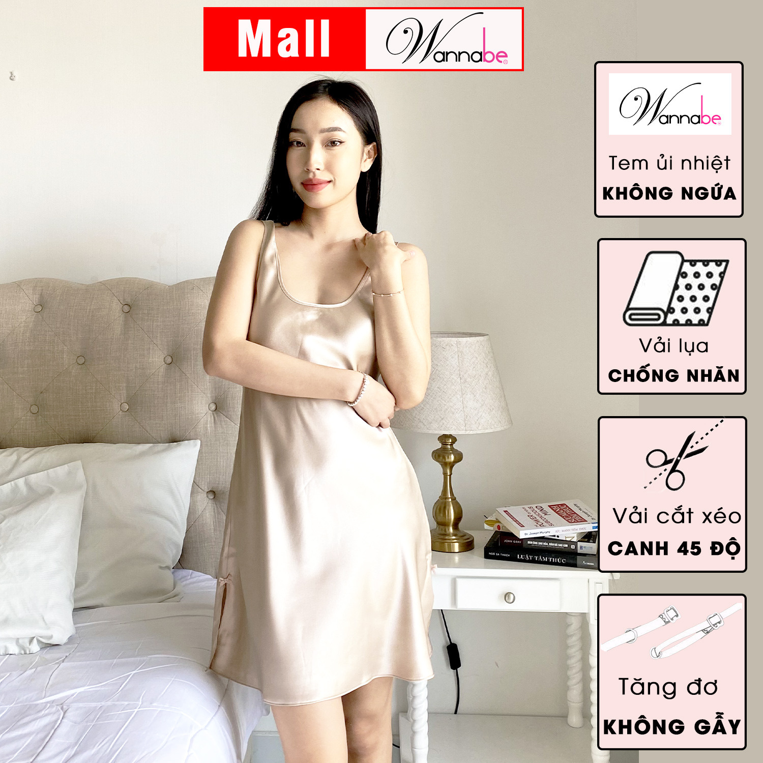 Đầm ngủ WANNABE DNS69 váy ngủ lụa cổ vuông đơn giản bản vai 4cm mang lại cảm giác kín đáo thoải mái dễ mặc cho bạn