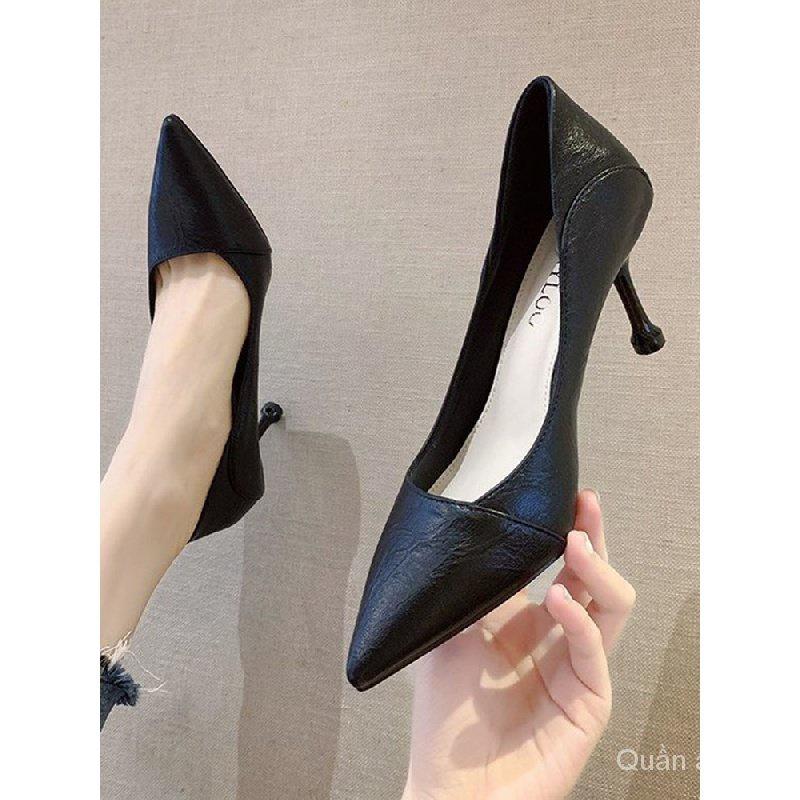 New Black Leather Shoes Pointed Toe Low-Cut Shoes Women's Professional Work Stiletto Heels for Work