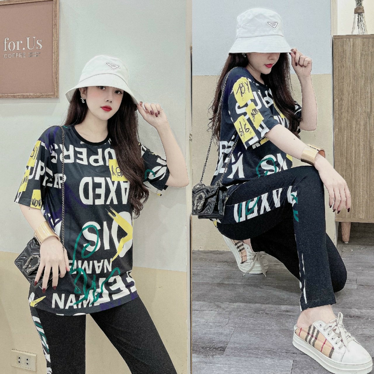 Đồ bộ thun cotton form rộng in 3D họa tiết kí tự