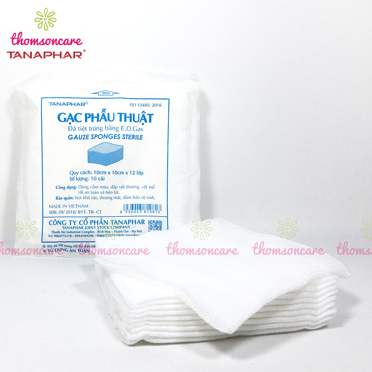 Gạc băng vết thương tiệt trùng chống nước, dùng trong phẫu thuật Tanaphar 10x10cm - Gói nhỏ 10 miếng