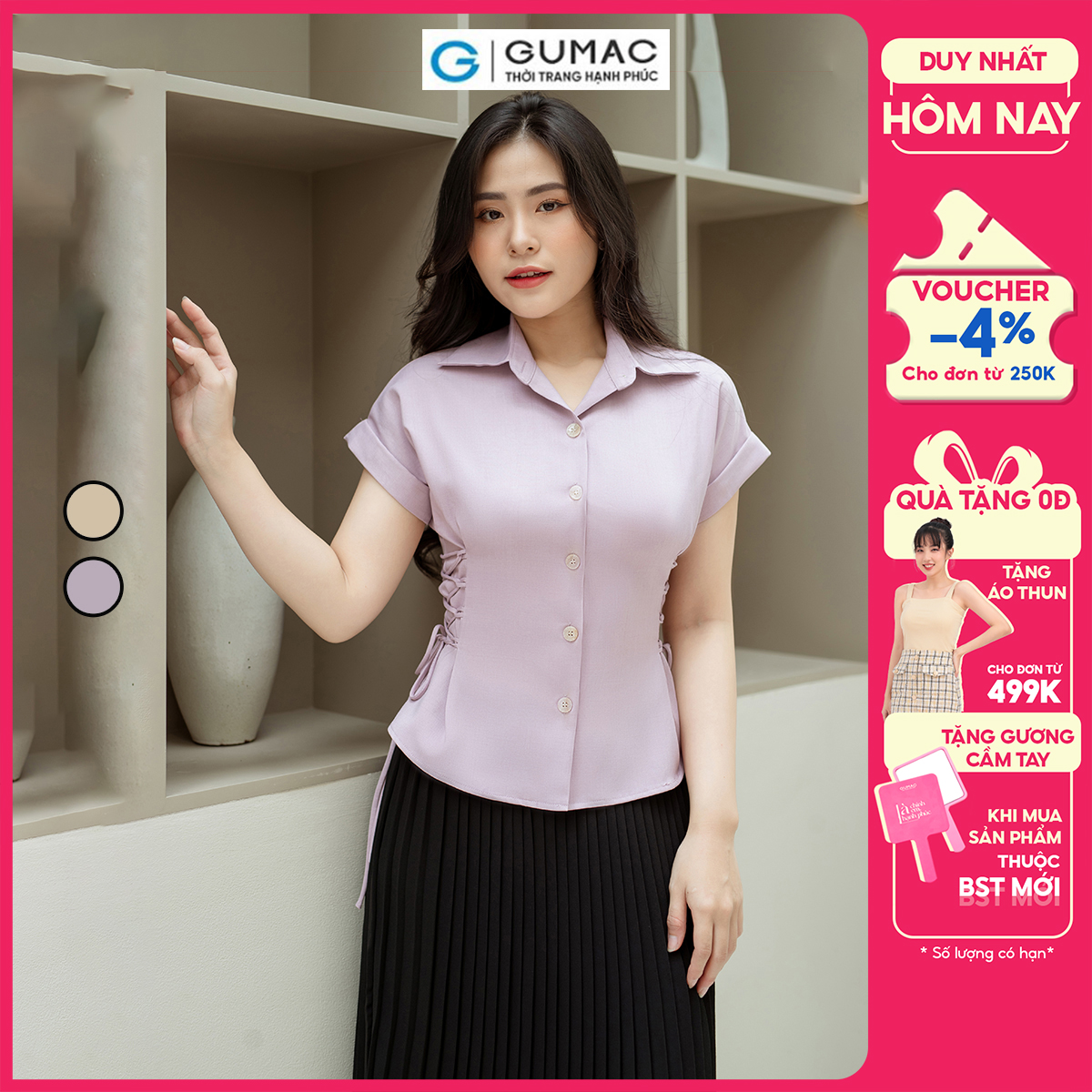 Áo kiểu thắt dây eo GUMAC AD08003