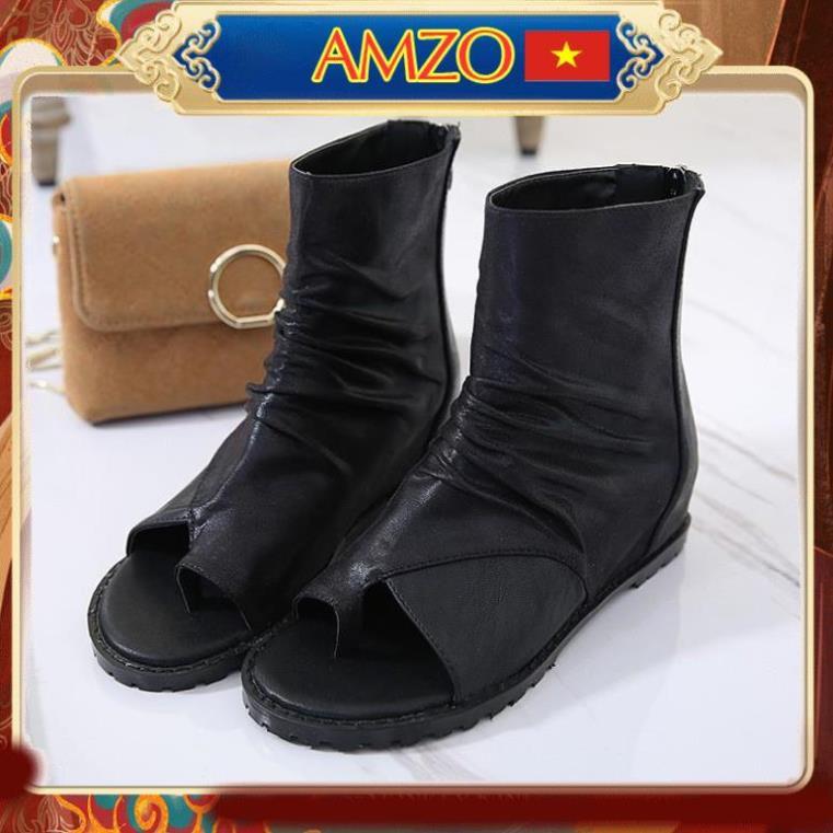 Boots Nữ, Giày Bốt Nữ Chiến Binh Xỏ Ngón Độn Đế Cao 3Cm Màu Đen Cao Cấp Siêu xinh (Kèm Clip) AMZO