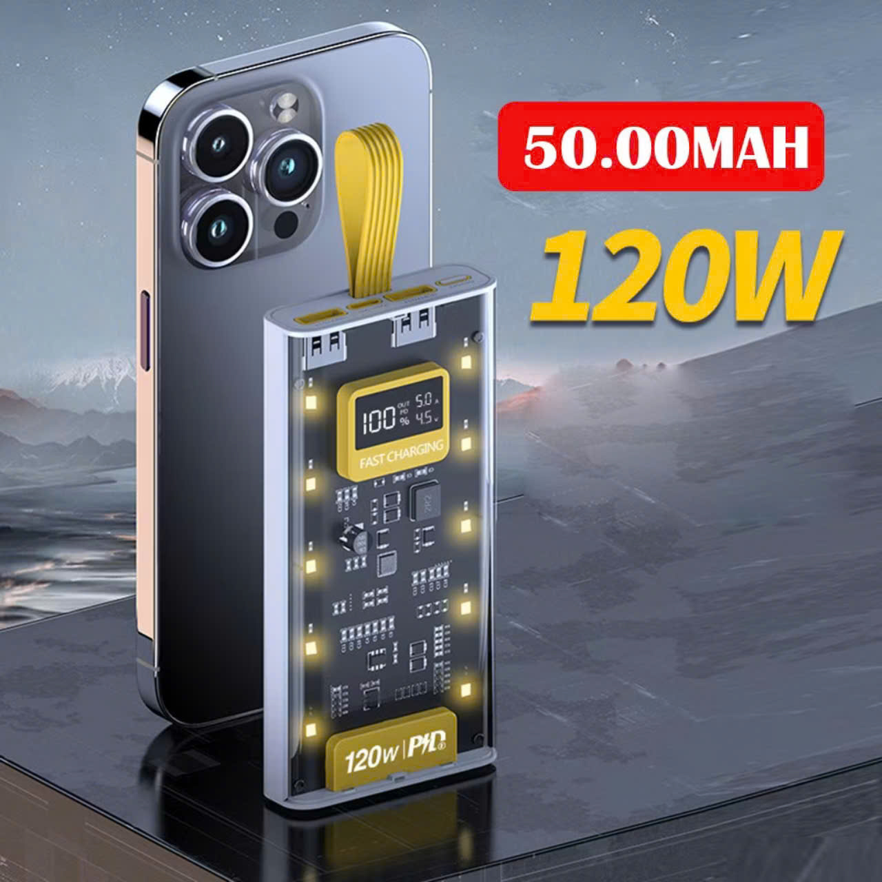 Sạc Dự Phòng 50.000MAH Trong Suốt kèm cáp sạc nhanh 4 đầu, tích hợp 4 cáp sạc, làm đèn ngủ - FTAKY Hàng Nhập Khẩu