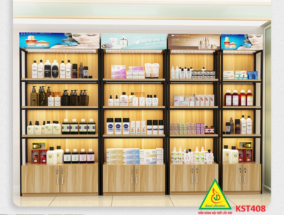 Kệ trưng bày sản phẩm, hàng hóa , kệ trang trí khung sắt mặt gỗ KST408 - Nội thất lắp ráp Viễn Đông Adv
