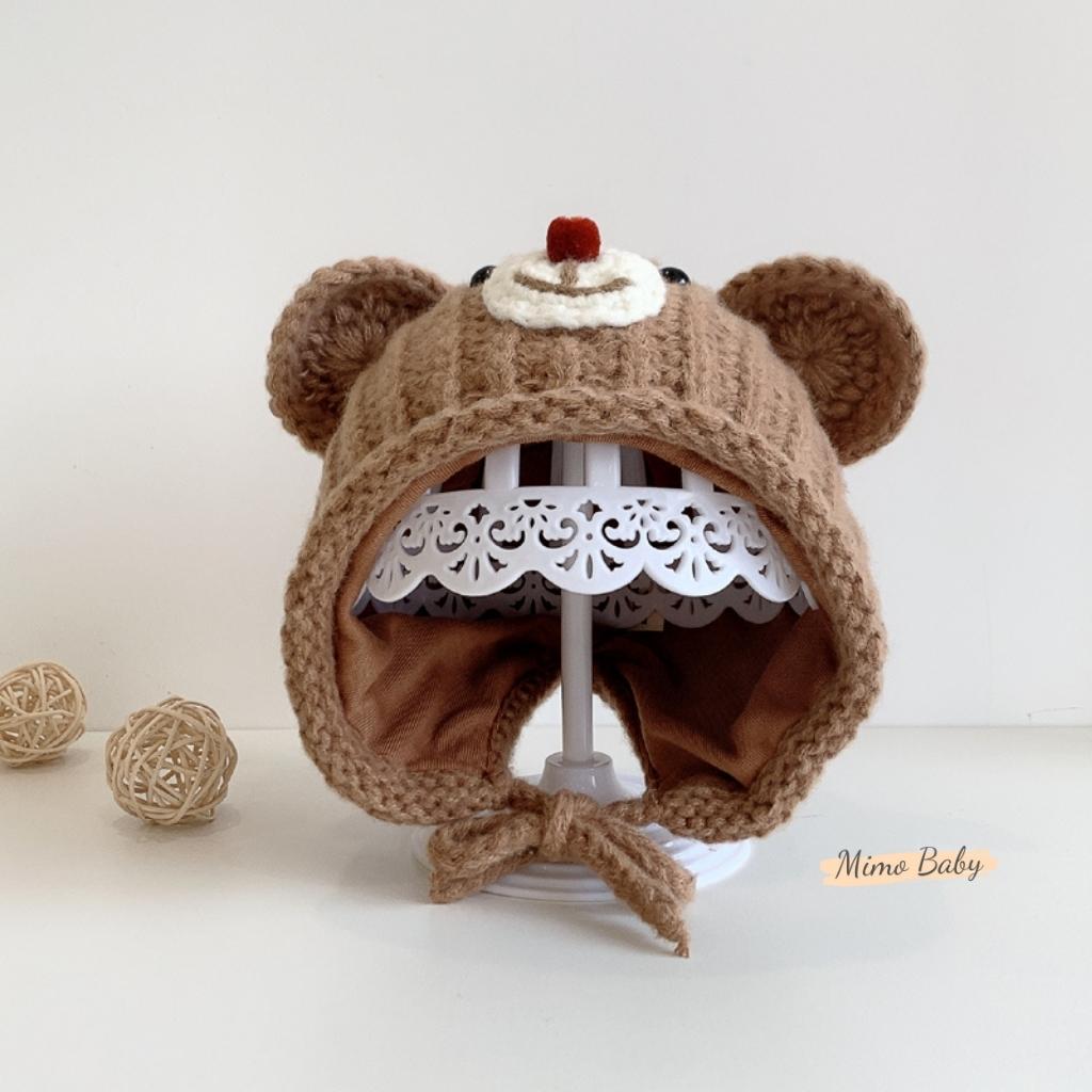 Mũ nón len buộc dây mùa đông đan hình mặt gấu đáng yêu cho bé ML197 Mimo Baby