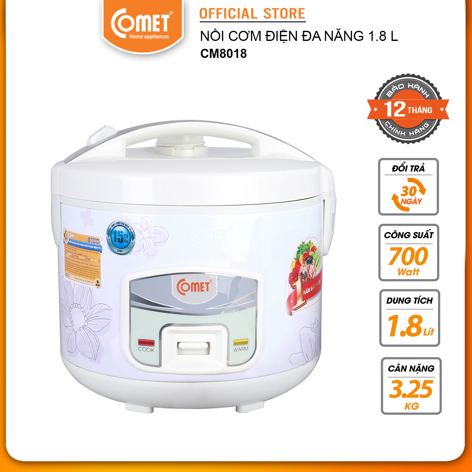 Nồi cơm điện 1.8L COMET - CM8018 - Hàng Chính Hãng