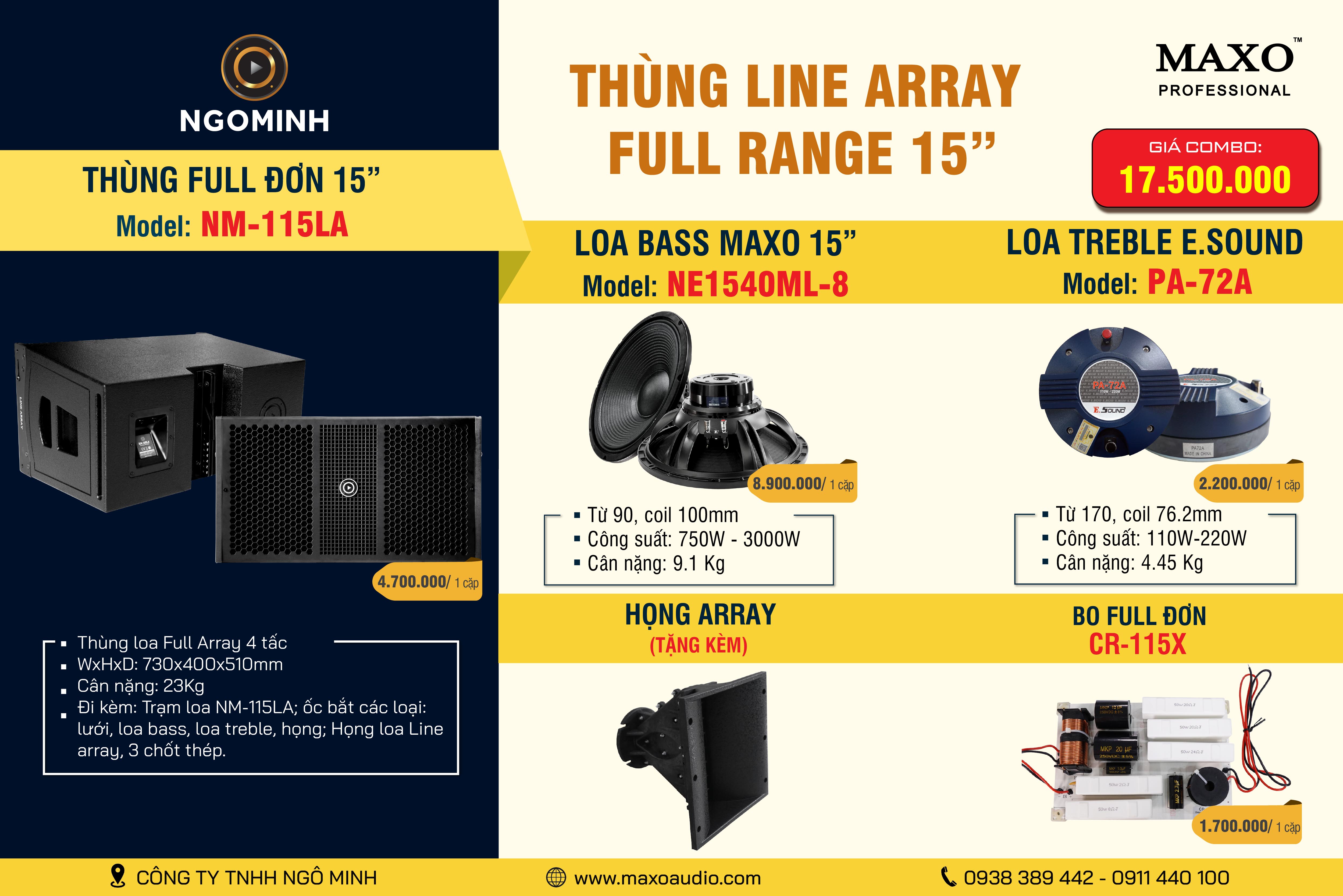 Loa Line Array Full Range 15" NM-115LA, NE1540ML-8, PA-72A, Họng Array, CR-115X