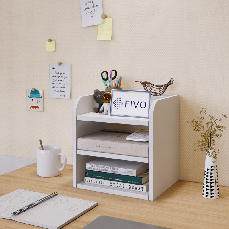 Kệ Sách Gỗ Mini Để Bàn FIVO FB26 Cao Cấp Màu Trắng Và Xám, Có Hộc, Tiết Kiệm Diện Tích, Bo Góc Thẩm Mĩ