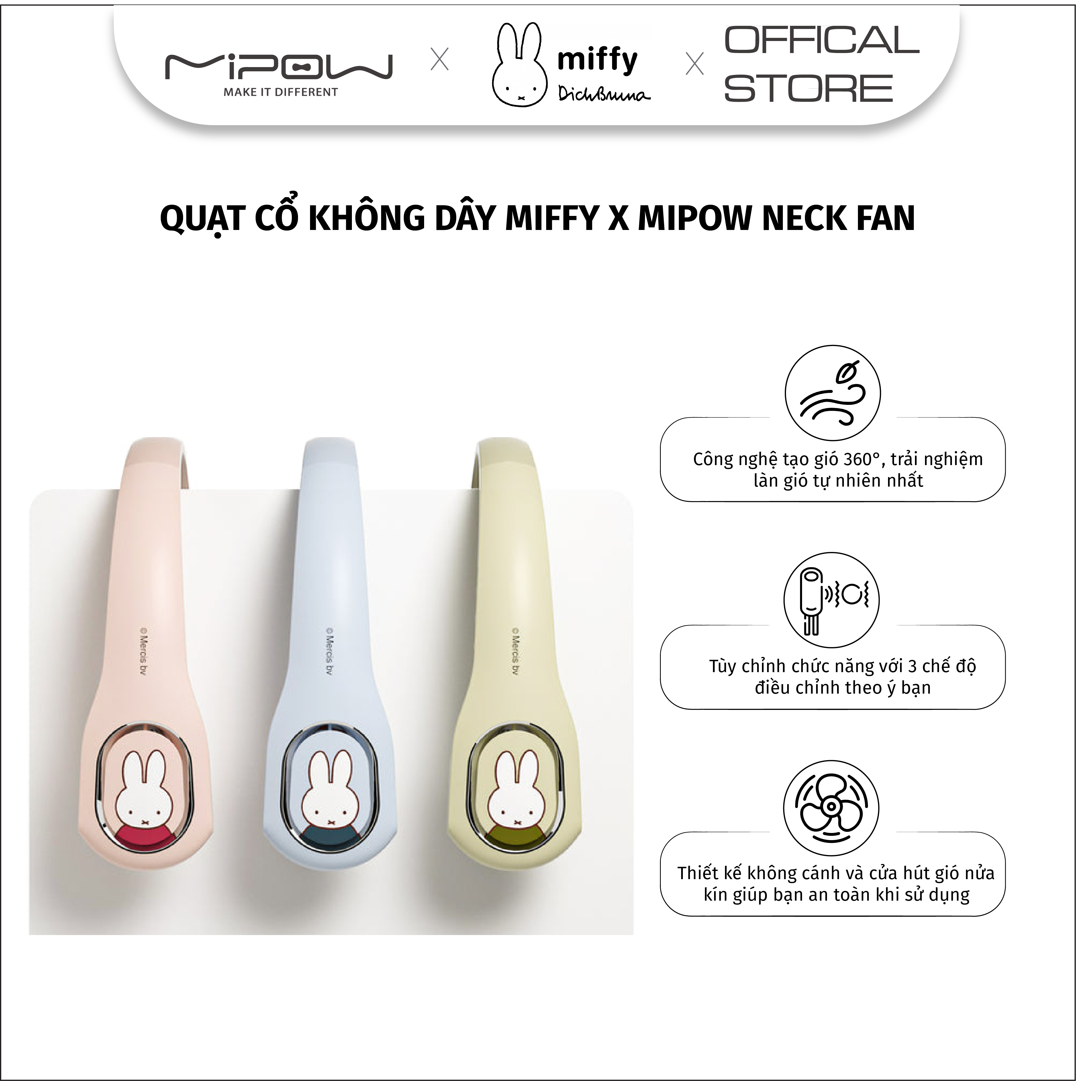 Quạt Cổ Không Dây Miffy x MIPOW Neck Fan - Giữ Mát và Sảng Khoái Cả Ngày- Hàng chính hãng