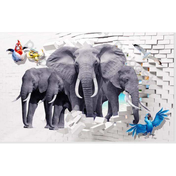 Tranh dán tường Tranh phòng khách phòng ngủ 3D hiện đại dán tường - Đàn Voi Và Vẹt
