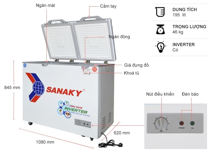 Tủ đông Sanaky Inverter 195 lít 1 ĐÔNG 1 MÁT 2 CỬA MỞ VH-2599W4K - HÀNG CHÍNH HÃNG - CHỈ GIAO HCM